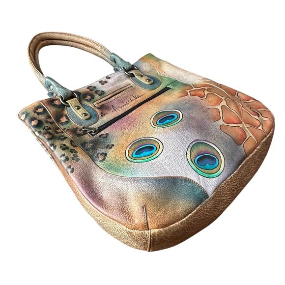 Anuschka Peacock Safari Hand Painted and Signed Leather Large Tote Bag - Picture 4 of 15
